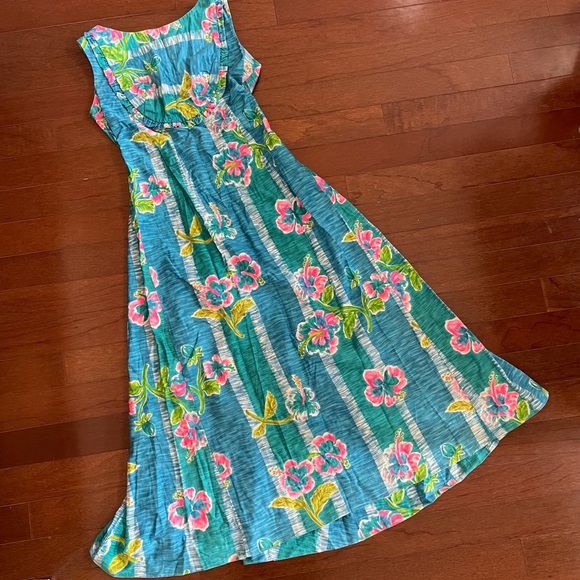 Vintage Dresses & Skirts - Vintage 60’s 70’s Blue Hawaiian maxi dress size Small hibiscus print tropical